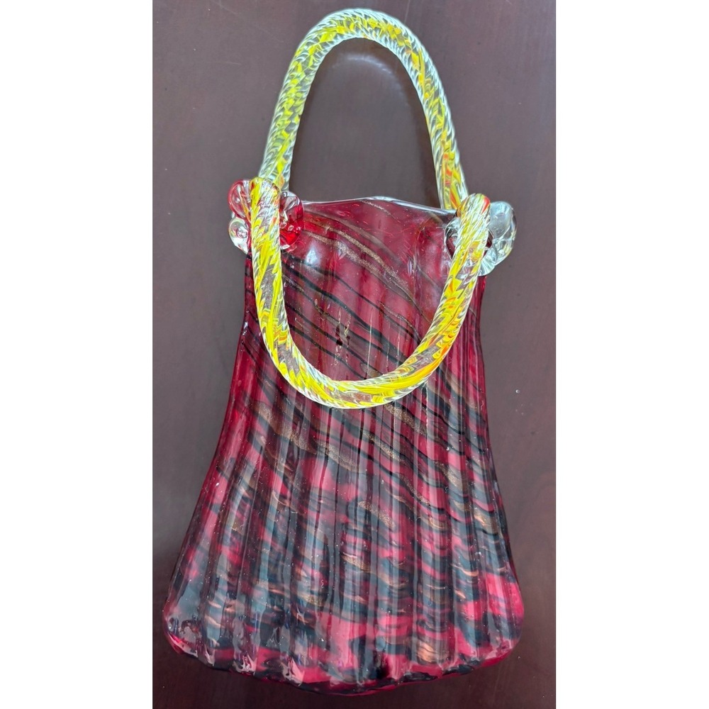 Murano Style Hand Blown Art Glass Purse Vase Red Black Yellow Double Handle